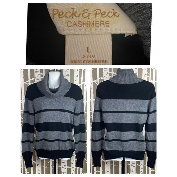 Cashmere Cowl Neck Striped Sweater L Black & Gray - Picture 1 of 9